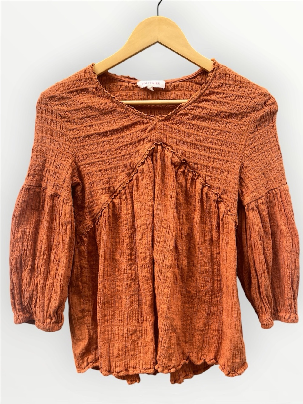 Solitaire Rust Textured V-Neck Boho Babydoll Peasant Blouse